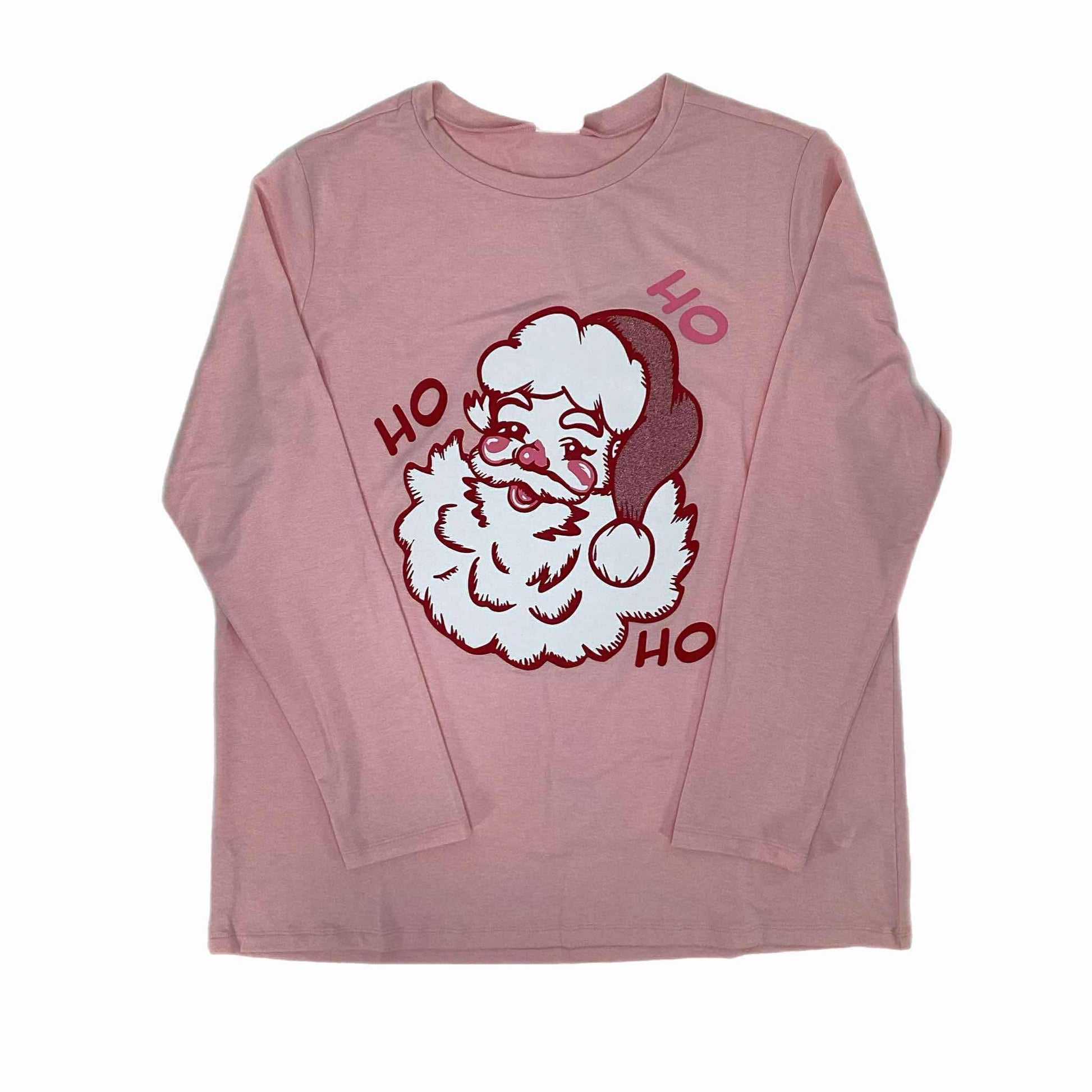 Flat lay of the pink LuLaRoe Sharon Top featuring a retro Santa Claus head graphic with “HO HO HO” lettering, long sleeve MVS knit holiday top on a white background.
