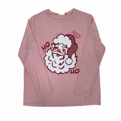 Flat lay of the pink LuLaRoe Sharon Top featuring a retro Santa Claus head graphic with “HO HO HO” lettering, long sleeve MVS knit holiday top on a white background.
