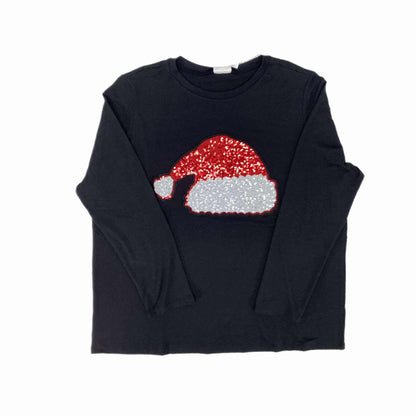 Flat lay of the LuLaRoe Sharon Top in black featuring a large sequin Santa hat centered on the front. Red sequins form the cap and silver sequins form the trim and pom, long-sleeve tunic-length holiday top on a white background.