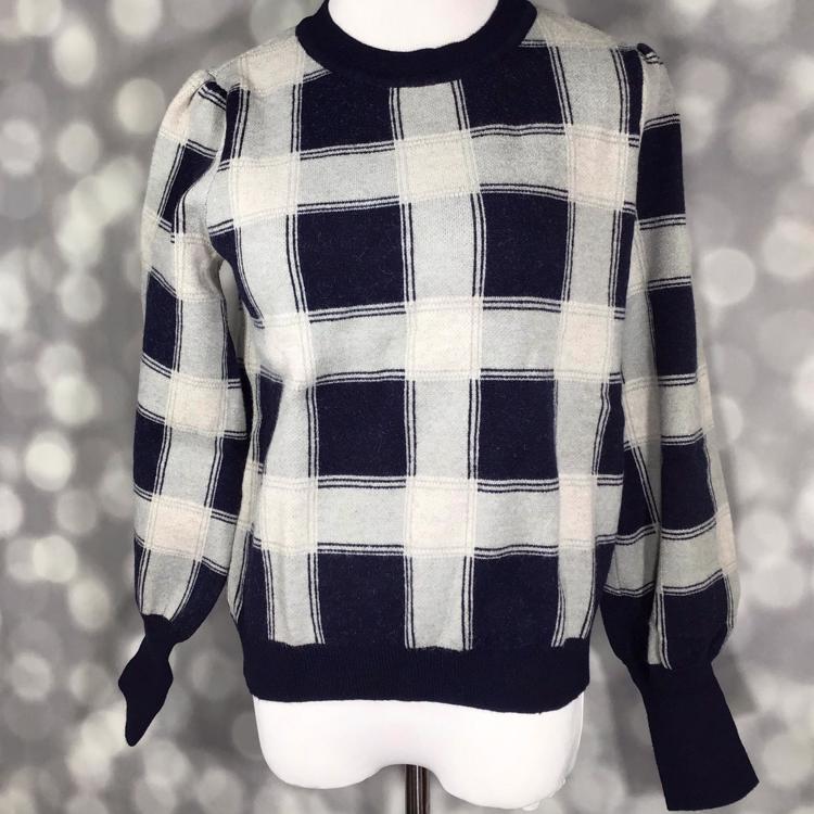 LuLaRoe crewneck sweater in navy and cream oversized windowpane plaid with balloon sleeves and navy ribbed cuffs and hem