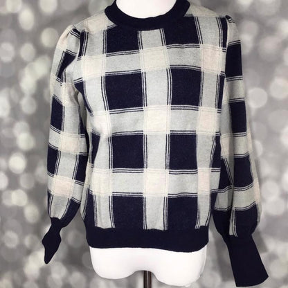 LuLaRoe crewneck sweater in navy and cream oversized windowpane plaid with balloon sleeves and navy ribbed cuffs and hem