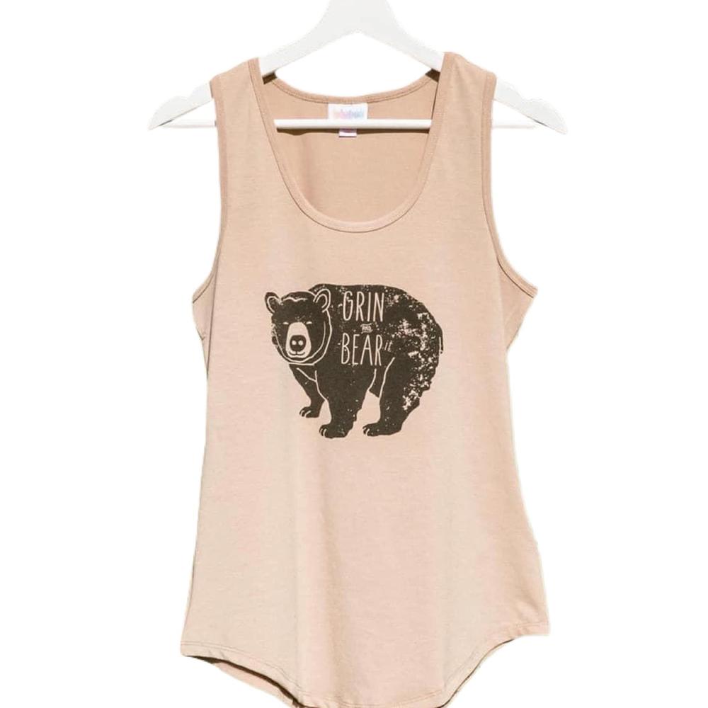 LuLaRoe beige tank top with black bear graphic and 'Grin and Bear it'  text, featuring a scoop neckline, sleeveless design, and relaxed fit displayed on a hanger on a white background