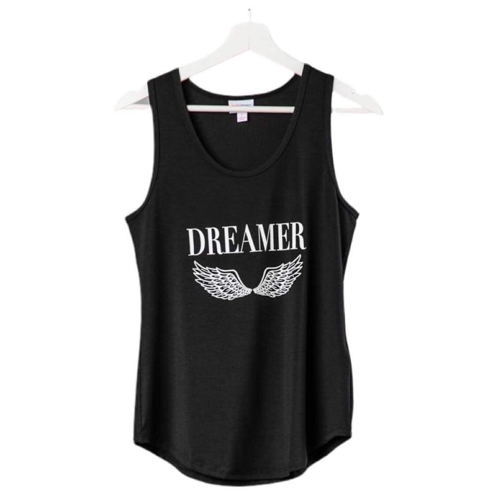 LuLaRoe black tank top with white Dreamer text and angel wing graphic, featuring a scoop neckline, sleeveless design, and relaxed fit displayed on a hanger on a white background