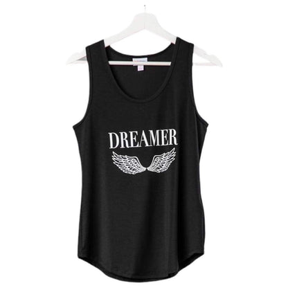 LuLaRoe black tank top with white Dreamer text and angel wing graphic, featuring a scoop neckline, sleeveless design, and relaxed fit displayed on a hanger on a white background