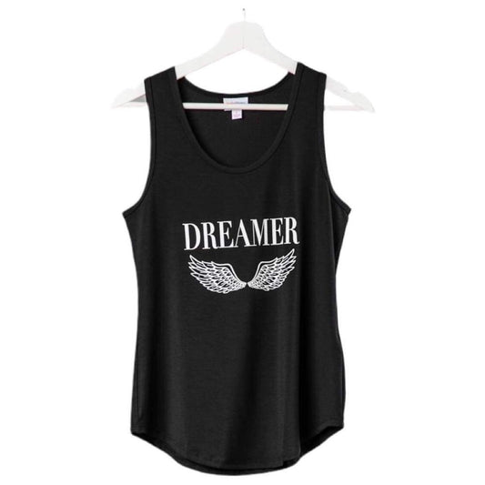 LuLaRoe black tank top with white Dreamer text and angel wing graphic, featuring a scoop neckline, sleeveless design, and relaxed fit displayed on a hanger on a white background