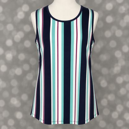 LuLaRoe tank top in Coastal Jewel Stripe featuring navy blue, aqua, white, and berry vertical stripes on a mannequin against a gray background. Sleeveless women's tank top with a scoop neckline and flattering elongated stripe design, perfect for casual outfits, vacation wear, and everyday boutique fashion.