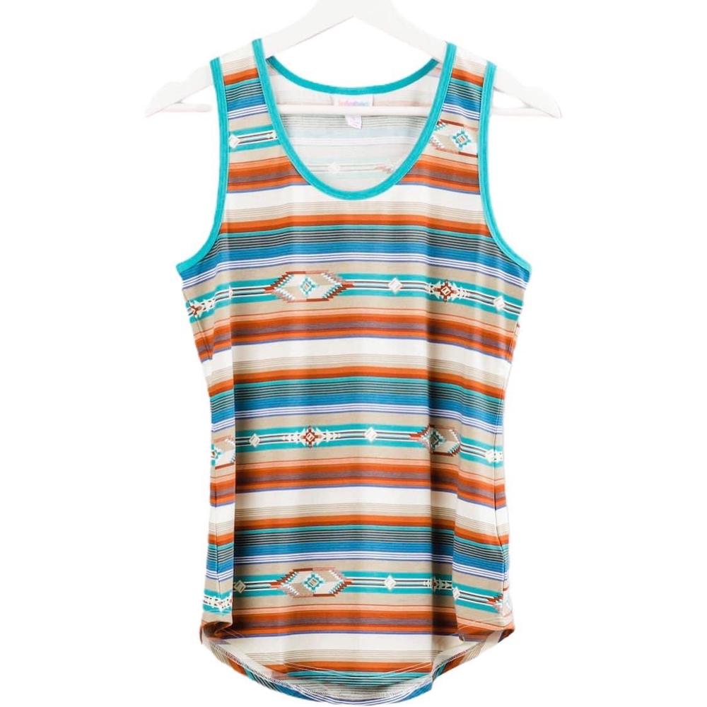 LuLaRoe tank top in Desert Sky Serape featuring turquoise, coral orange, cream, and blue southwestern stripes with geometric tribal accents on a white background. Sleeveless women's tank top with a scoop neckline and curved hem, perfect for western fashion, boho outfits, summer styling, and casual everyday wear. 