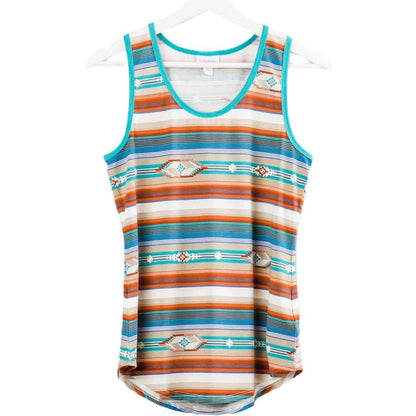 LuLaRoe tank top in Desert Sky Serape featuring turquoise, coral orange, cream, and blue southwestern stripes with geometric tribal accents on a white background. Sleeveless women's tank top with a scoop neckline and curved hem, perfect for western fashion, boho outfits, summer styling, and casual everyday wear. 