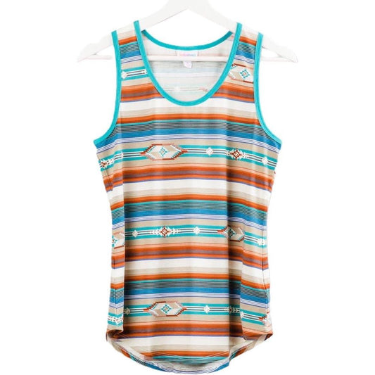 LuLaRoe tank top in Desert Sky Serape featuring turquoise, coral orange, cream, and blue southwestern stripes with geometric tribal accents on a white background. Sleeveless women's tank top with a scoop neckline and curved hem, perfect for western fashion, boho outfits, summer styling, and casual everyday wear. 
