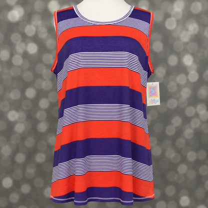 LuLaRoe tank top in Electric Orchid Stripe featuring vibrant coral and royal purple horizontal stripes accented with thin white pinstripes on a mannequin against a blurred background. Sleeveless women's tank top with a scoop neckline and relaxed fit, perfect for summer outfits, casual styling, and colorful everyday fashion. 