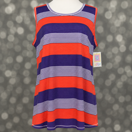 LuLaRoe tank top in Electric Orchid Stripe featuring vibrant coral and royal purple horizontal stripes accented with thin white pinstripes on a mannequin against a blurred background. Sleeveless women's tank top with a scoop neckline and relaxed fit, perfect for summer outfits, casual styling, and colorful everyday fashion. 