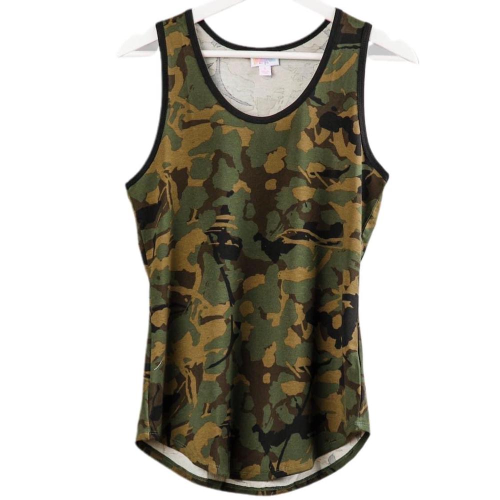 LuLaRoe tank top with green, brown, and black camouflage print, featuring a scoop neckline, sleeveless design, and relaxed fit displayed on a hanger with a white background