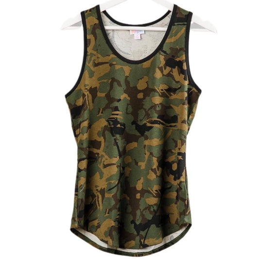 LuLaRoe tank top with green, brown, and black camouflage print, featuring a scoop neckline, sleeveless design, and relaxed fit displayed on a hanger with a white background