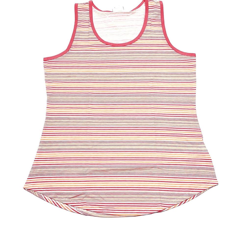 LuLaRoe tank top with cream background and multicolor horizontal stripes in coral, yellow, and red, featuring a scoop neckline, sleeveless design, and relaxed fit displayed  on a white background