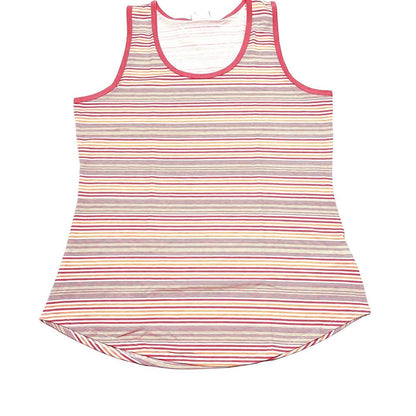 LuLaRoe tank top with cream background and multicolor horizontal stripes in coral, yellow, and red, featuring a scoop neckline, sleeveless design, and relaxed fit displayed  on a white background