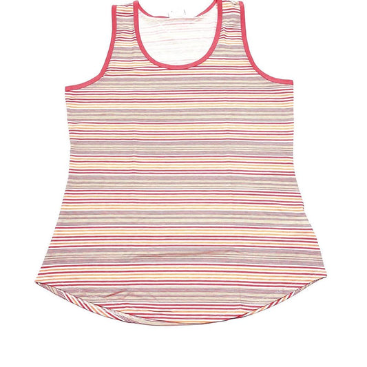 LuLaRoe tank top with cream background and multicolor horizontal stripes in coral, yellow, and red, featuring a scoop neckline, sleeveless design, and relaxed fit displayed  on a white background