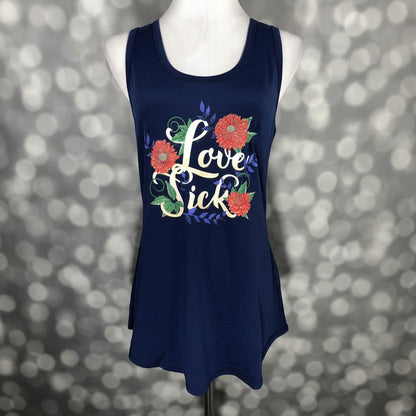 LuLaRoe navy sleeveless tank top with “Love Sick” text and floral graphic design, scoop neckline, and relaxed fit displayed on a mannequin against a gray blurred background
