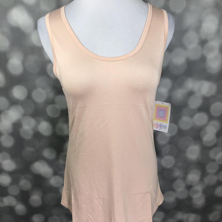 LuLaRoe solid nude beige tank top with blush undertone, scoop neckline, sleeveless design, and relaxed fit displayed on a mannequin with a blurred background