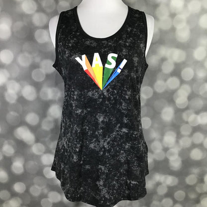 LuLaRoe tank top in Rainbow YAS Mineral Wash featuring a black and charcoal mineral wash background with a colorful rainbow YAS graphic across the front on a mannequin against a blurred gray background. Sleeveless women's graphic tank top with a scoop neckline and relaxed fit, perfect for casual summer outfits, festivals, and everyday statement style.