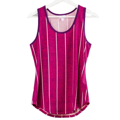 LuLaRoe tank top with raspberry pink background and vertical white stripe pattern, featuring a scoop neckline, sleeveless design, and relaxed fit displayed on a hanger against a white background