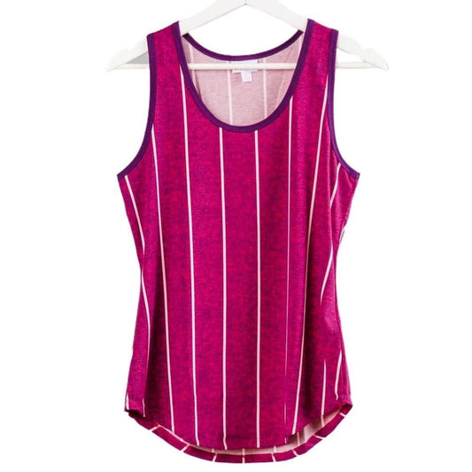 LuLaRoe tank top with raspberry pink background and vertical white stripe pattern, featuring a scoop neckline, sleeveless design, and relaxed fit displayed on a hanger against a white background