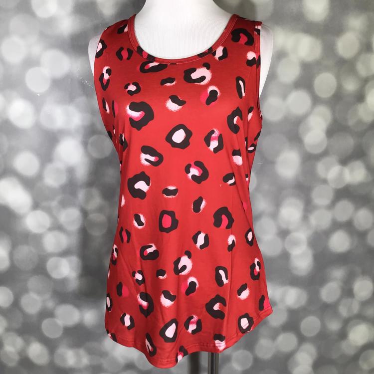 LuLaRoe red tank top with black cheetah print and pink accents, featuring a scoop neckline, sleeveless design, and relaxed fit displayed on a mannequin