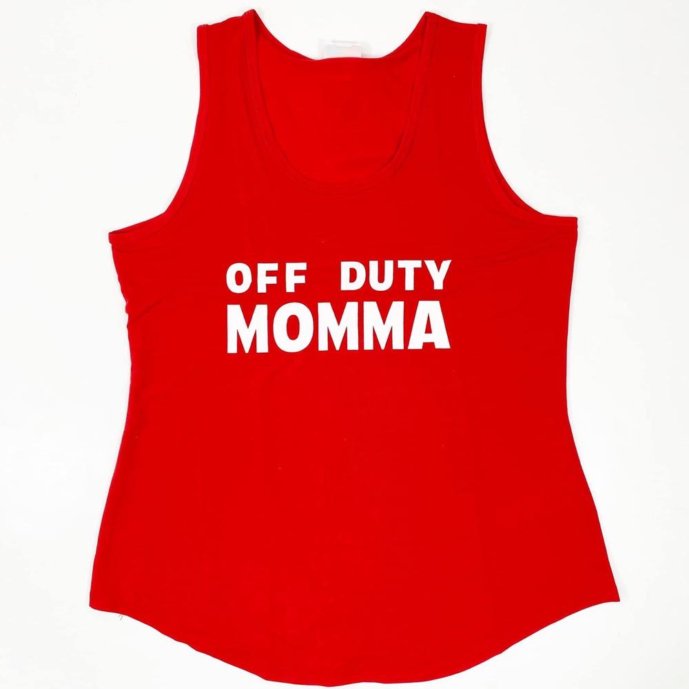 LuLaRoe red tank top with white 'Off Duty Momma' text graphic, featuring a scoop neckline, sleeveless design, and relaxed fit on a white background