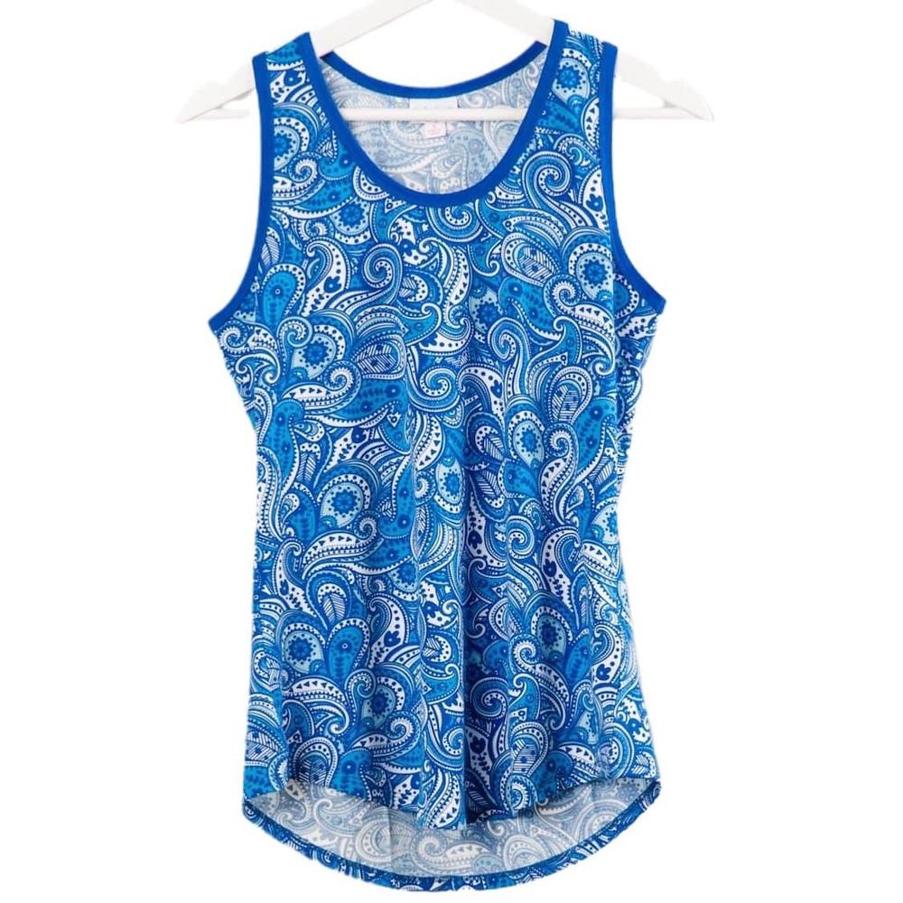 LuLaRoe tank top featuring an intricate sapphire blue, cobalt blue, and white paisley pattern. Women's sleeveless tank with an all-over paisley print, rounded neckline, and coastal-inspired bohemian style on a white hanger