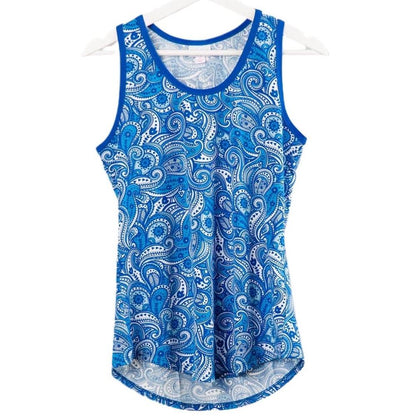 LuLaRoe tank top featuring an intricate sapphire blue, cobalt blue, and white paisley pattern. Women's sleeveless tank with an all-over paisley print, rounded neckline, and coastal-inspired bohemian style on a white hanger