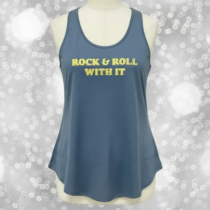 LuLaRoe slate blue sleeveless tank top with “Rock & Roll With It” graphic text, scoop neckline, and relaxed fit displayed on a mannequin on a blurred background
