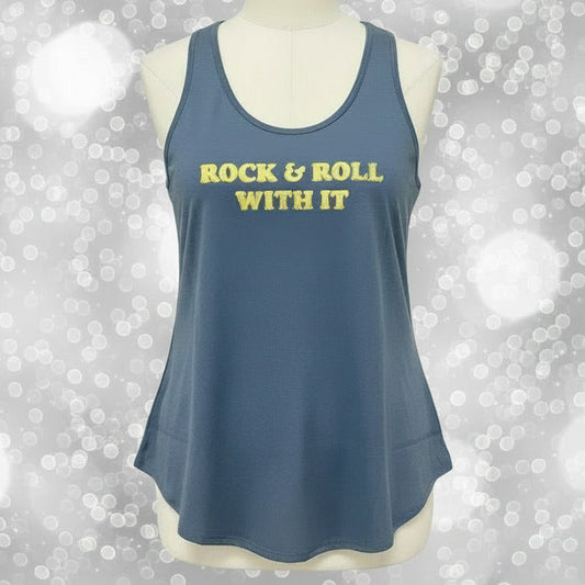 LuLaRoe slate blue sleeveless tank top with “Rock & Roll With It” graphic text, scoop neckline, and relaxed fit displayed on a mannequin on a blurred background