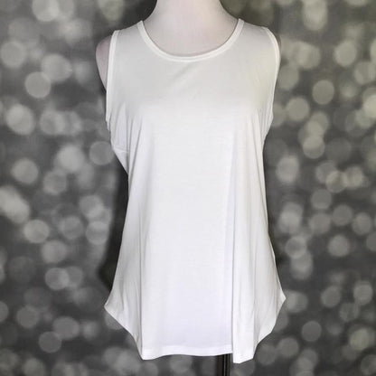 LuLaRoe solid white tank top with scoop neckline, sleeveless design, and relaxed fit displayed on a mannequin