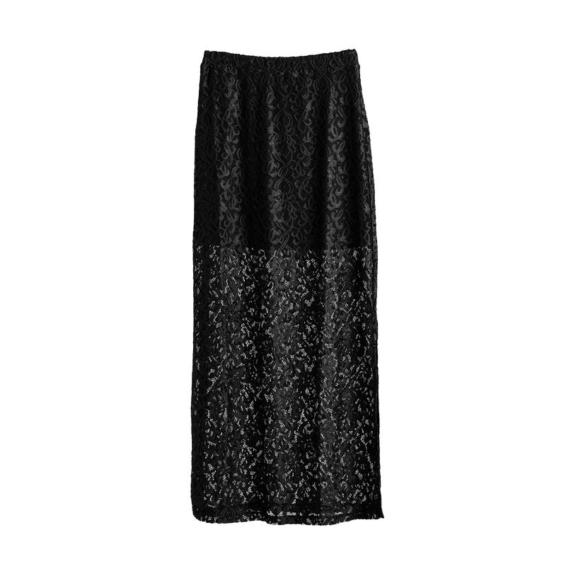 LuLaRoe Tihane black lace maxi skirt with floral lace overlay, elastic waistband, and flowy silhouette displayed on a plain background
