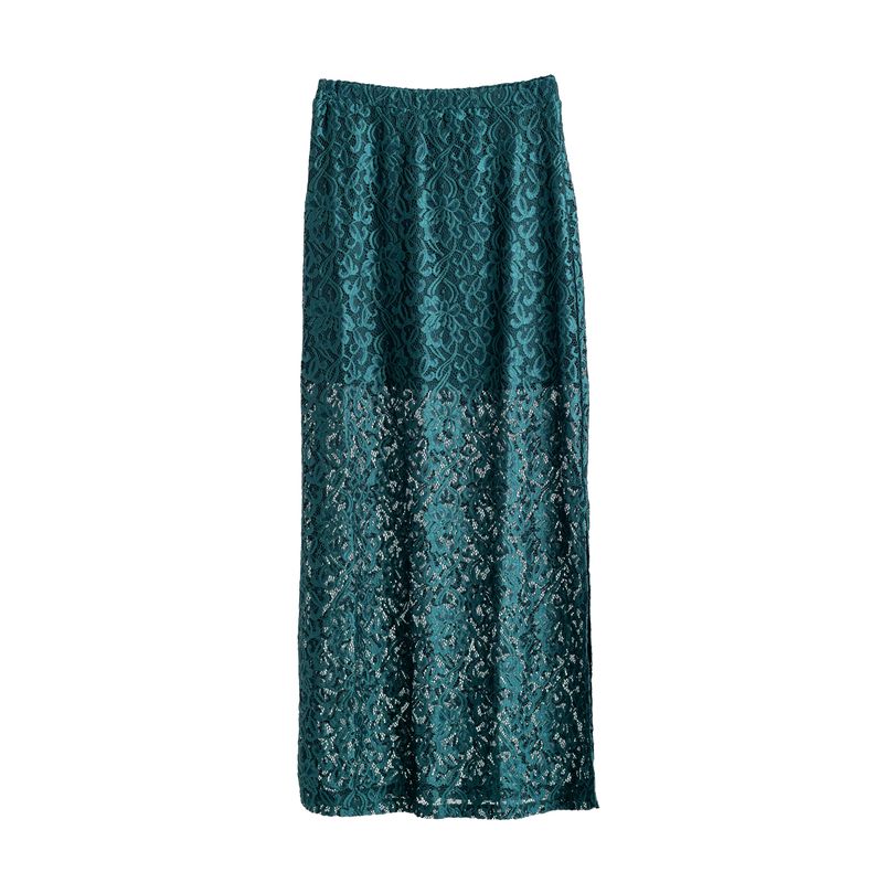 LuLaRoe Tihane emerald green lace maxi skirt with floral lace overlay, elastic waistband, and flowy silhouette displayed against a neutral background