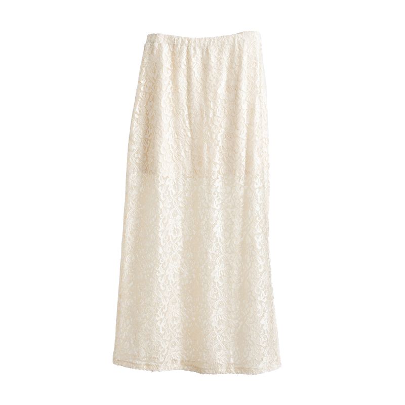 LuLaRoe Tihane ivory lace maxi skirt with floral lace overlay, elastic waistband, and flowy silhouette displayed against a neutral background