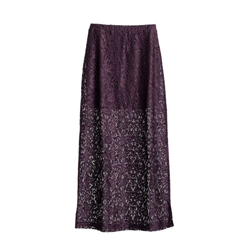 LuLaRoe Tihane plum purple lace maxi skirt with floral lace overlay, elastic waistband, and flowing silhouette displayed against a neutral background