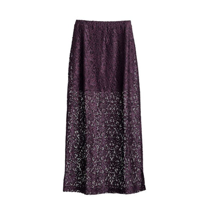 LuLaRoe Tihane plum purple lace maxi skirt with floral lace overlay, elastic waistband, and flowing silhouette displayed against a neutral background