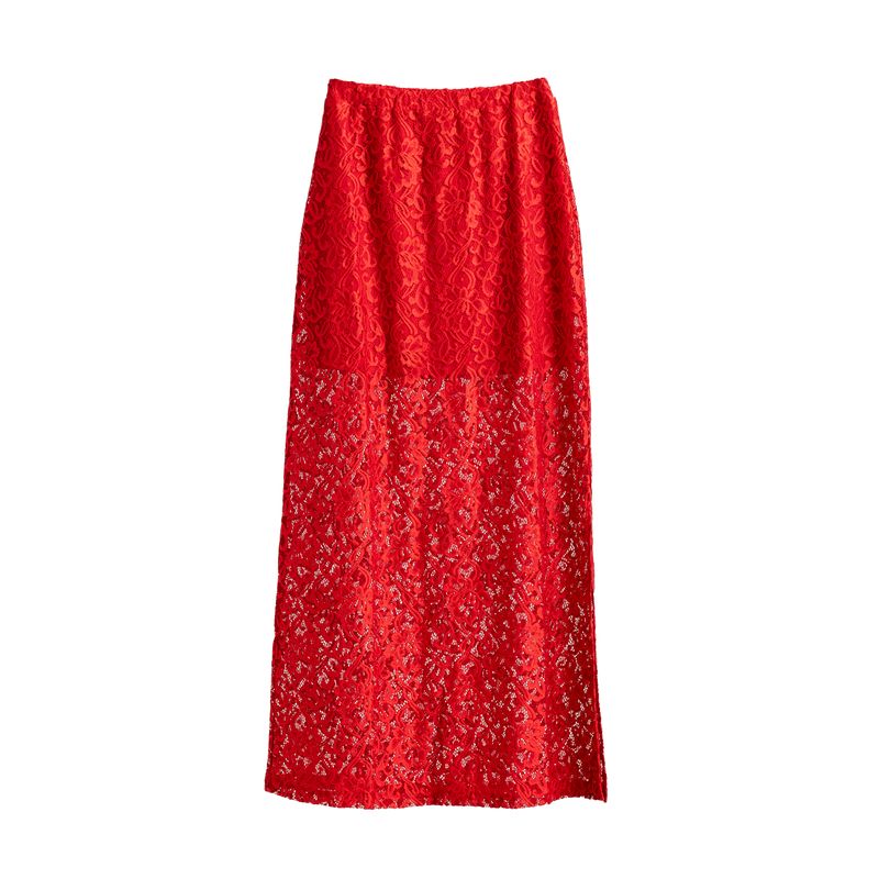 LuLaRoe Tihane bright red lace maxi skirt with floral lace overlay, elastic waistband, and flowy silhouette displayed against a neutral background