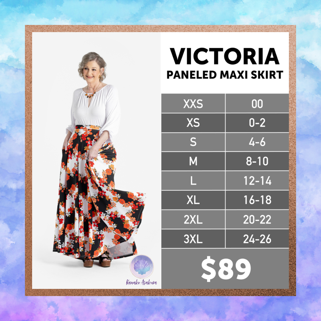 LuLaRoe Victoria Paneled Maxi Skirt Size Chart with model in white top and floral black-and-red full-length skirt