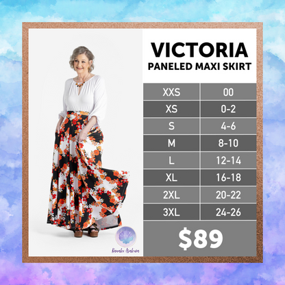 LuLaRoe Victoria Paneled Maxi Skirt Size Chart with model in white top and floral black-and-red full-length skirt
