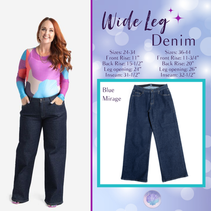 LuLaRoe Wide Leg Denim in Blue Mirage dark wash” | “Front view of LuLaRoe Wide Leg Denim jeans in Blue Mirage dark indigo wash with wide leg silhouette and mid-rise fit