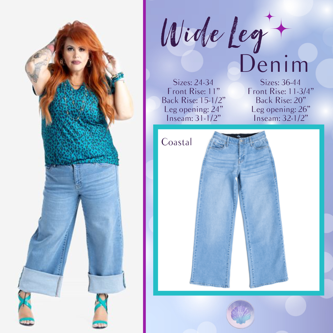 LuLaRoe Wide Leg Denim in Coastal light wash” | “Front view of LuLaRoe Wide Leg Denim jeans in Coastal light blue wash with relaxed wide leg and cuffed styling.
