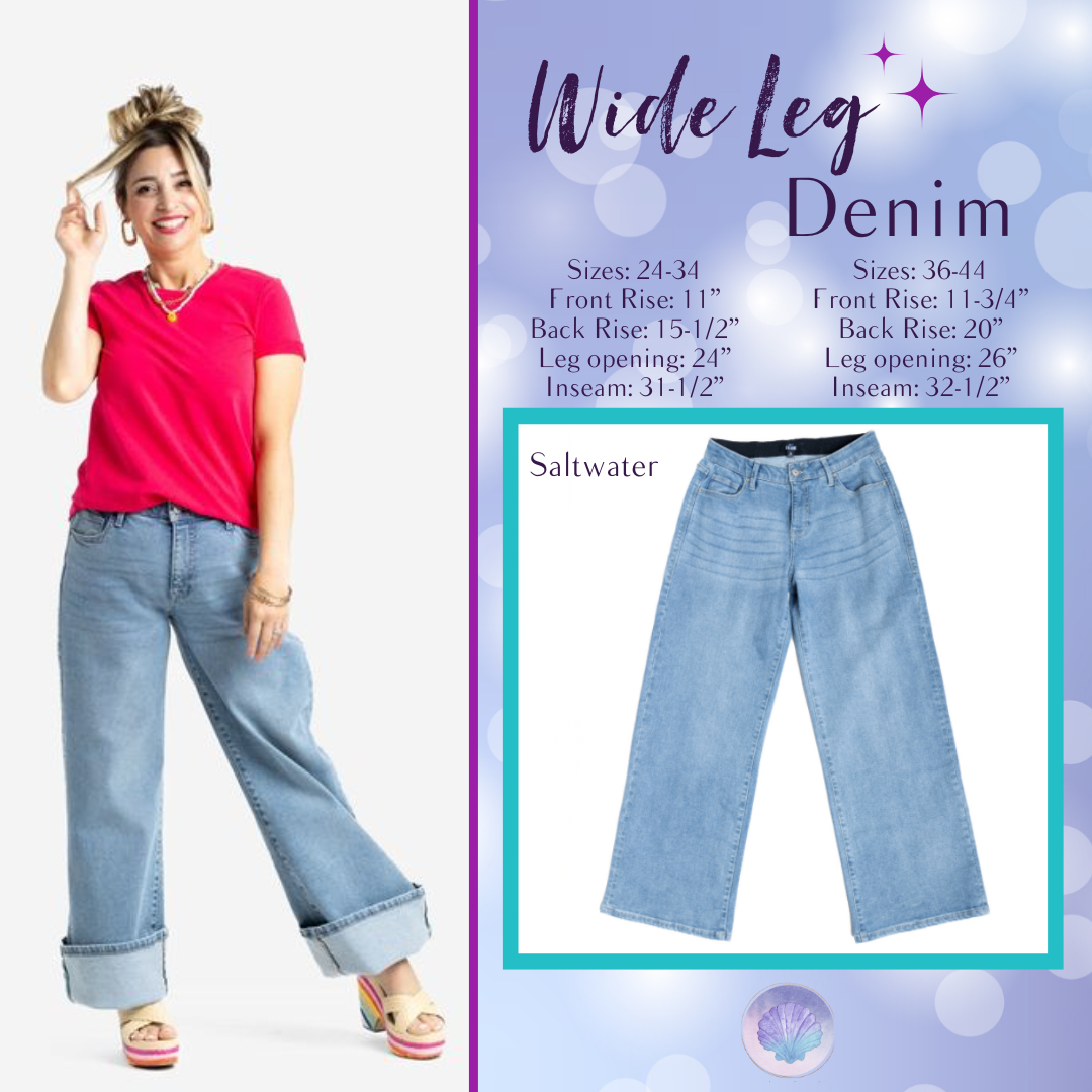LuLaRoe Wide Leg Denim in Saltwater wash” | “Front view of LuLaRoe Wide Leg Denim jeans in Saltwater light vintage blue wash with relaxed wide leg and cuffed styling with a purple background