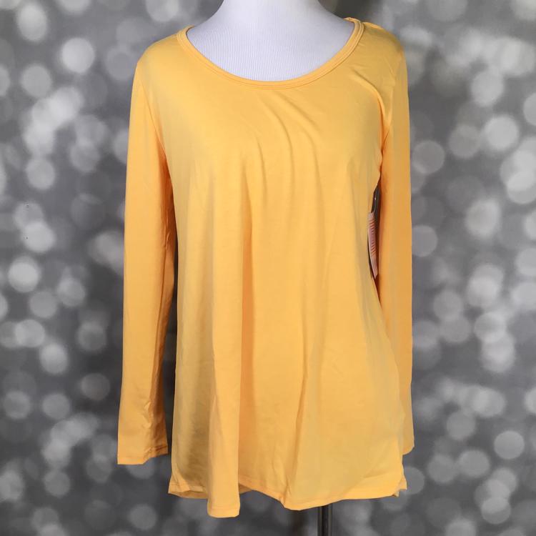 Front view of mannequin wearing LuLaRoe Lynnae Top in bright solid yellow with long sleeves and scoop neckline