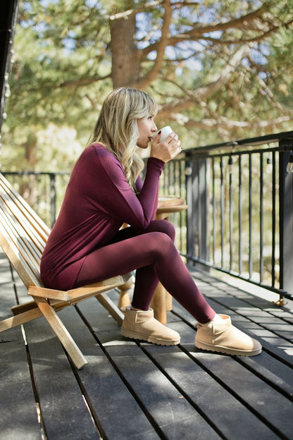 LuLaRoe WarmTech fleece-lined leggings solid deep plum burgundy - detail and lifestyle view 2