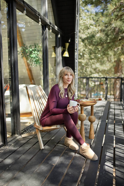 LuLaRoe WarmTech fleece-lined leggings solid deep plum burgundy - detail and lifestyle view 1