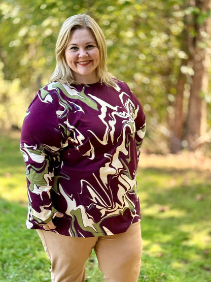LuLaRoe LuLaRoe Sharon Long Sleeve Top - Maroon Olive Marble Swirl 