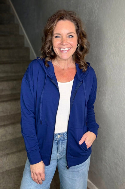 LuLaRoe Essential Zip Hoodie - Solid Medieval Blue