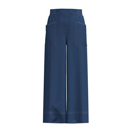 Model wearing the LuLaRoe Pull-On Patch Pocket Pant in Medium Wash with a wide-leg silhouette, drawstring waist and front patch pockets.