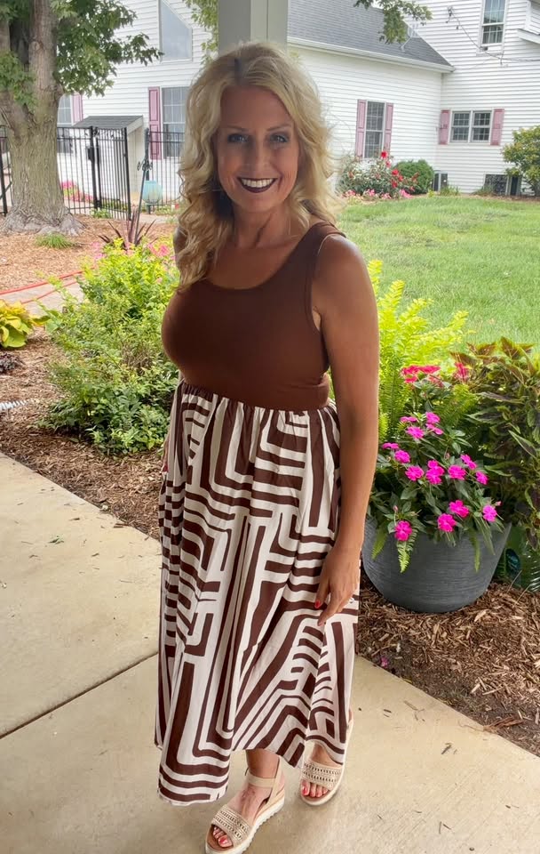 LuLaRoe Madeline Midi Tank Dress - Mocha Geometric Maze